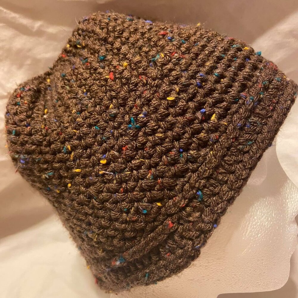 New Handmade Brown and Speckles Messy Bun Beanie - 24" Before Stretch